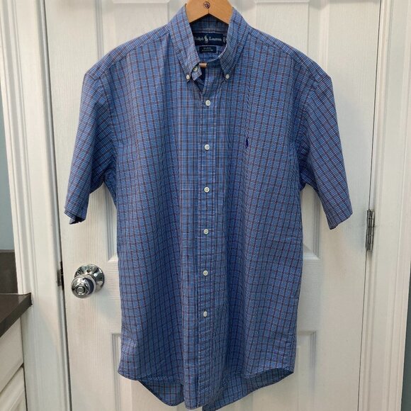 Vintage Ralph Lauren Blake Blue Plaid Short Sleeve Button Down Shirt Size Medium - Picture 1 of 6